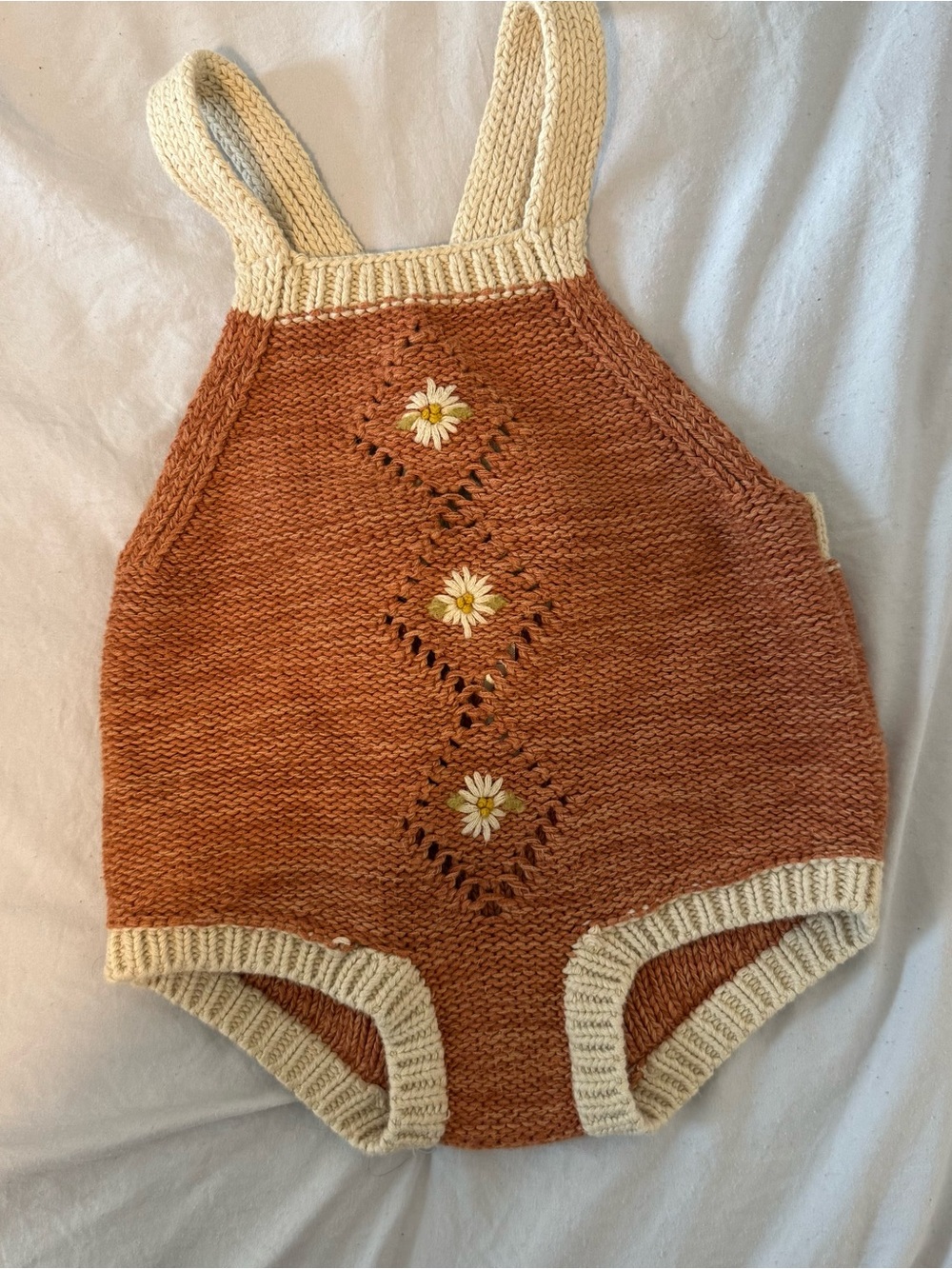 Wild Wawa Hand-Knit Sunrise Daisy Baby One-Piece Romper - Rust & Cream